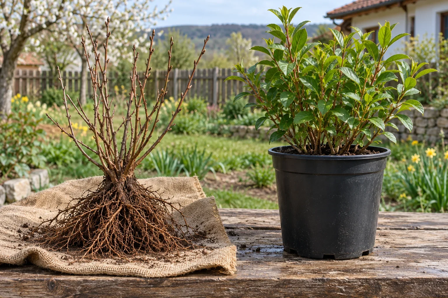 Plantă cu rădăcină nudă pe material umed, lângă o plantă de pepinieră în ghiveci