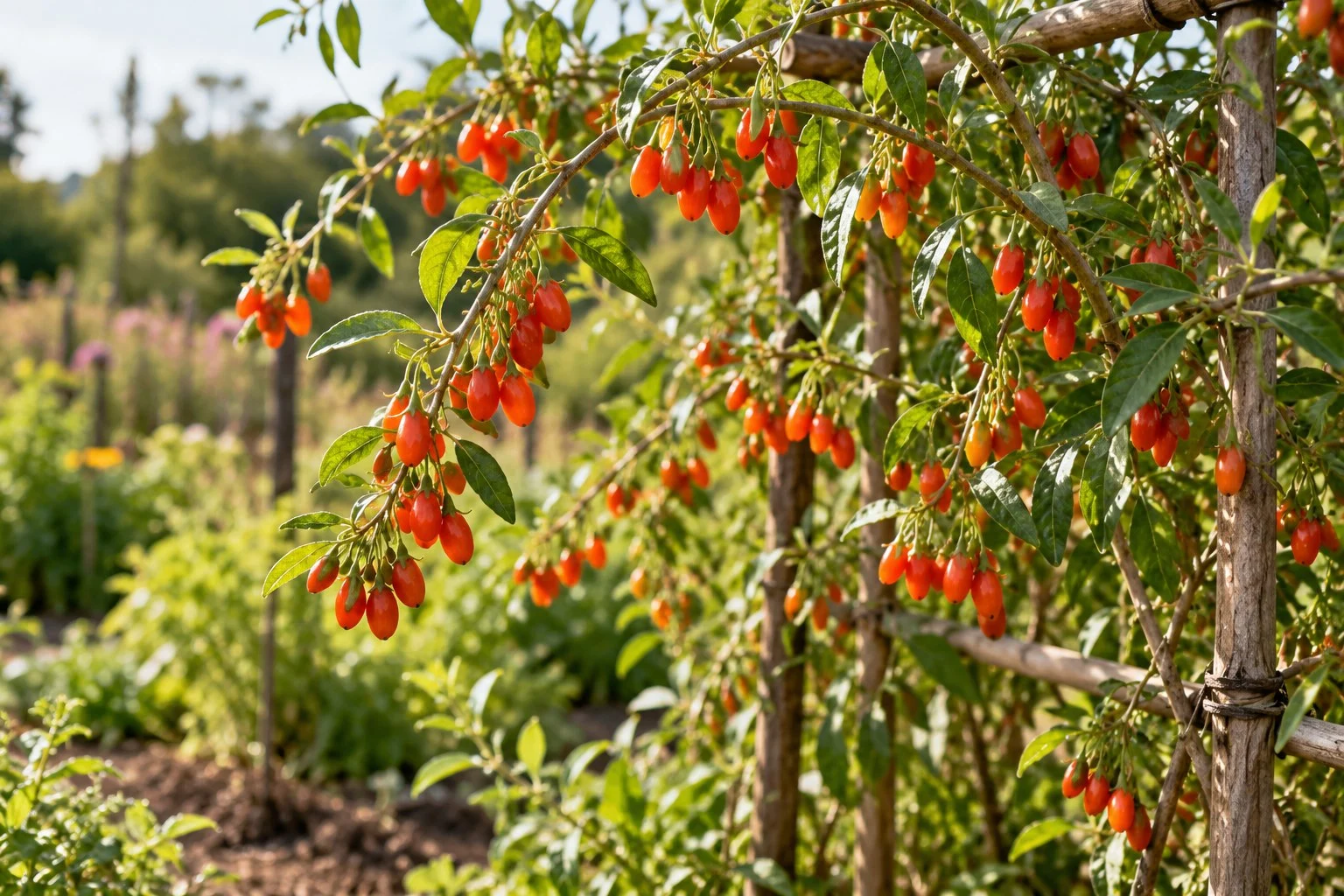 Fructe alungite de goji pe ramuri susținute în grădină