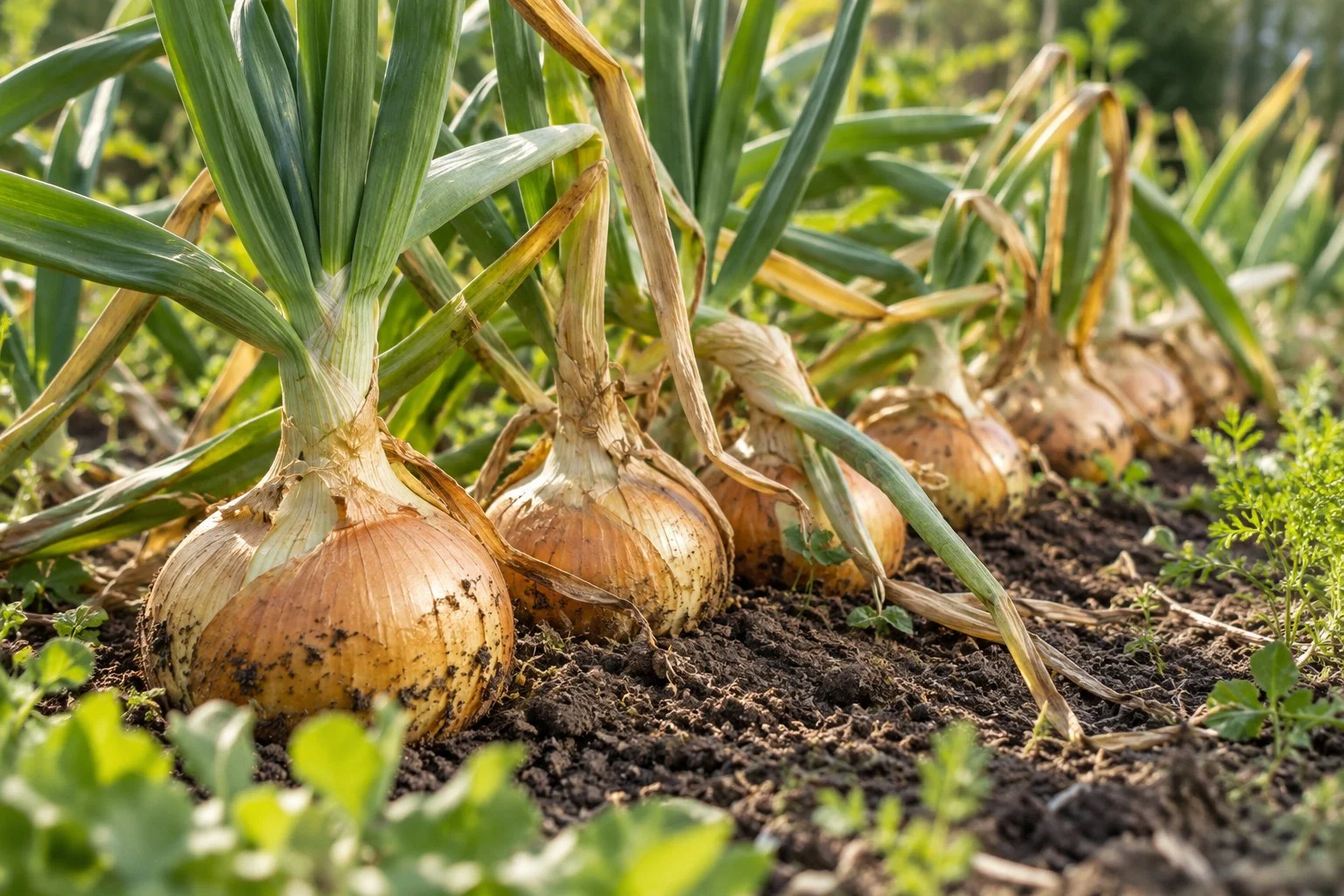 Bulbi de ceapă maturi la suprafața unui strat cu frunze verzi și uscate