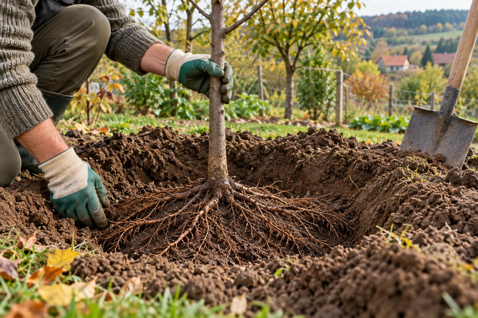 Plantarea unui pom tânăr cu rădăcinile răsfirate într-o groapă largă