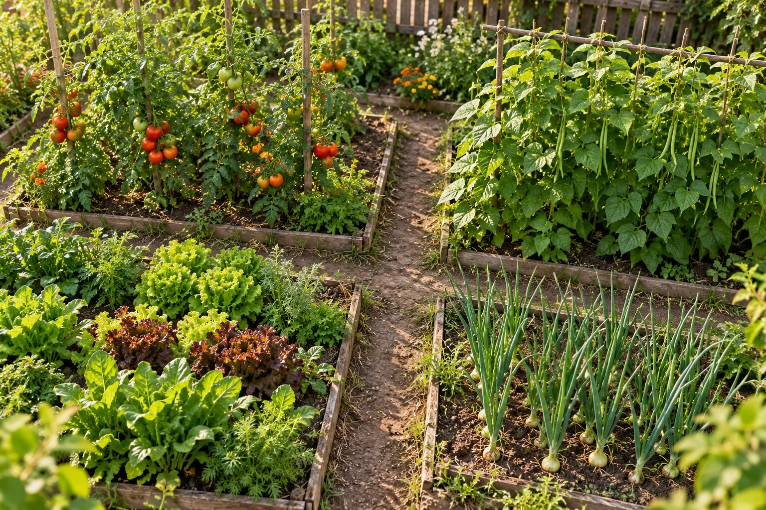 Straturi de legume diferite separate de alei într-o grădină îngrijită
