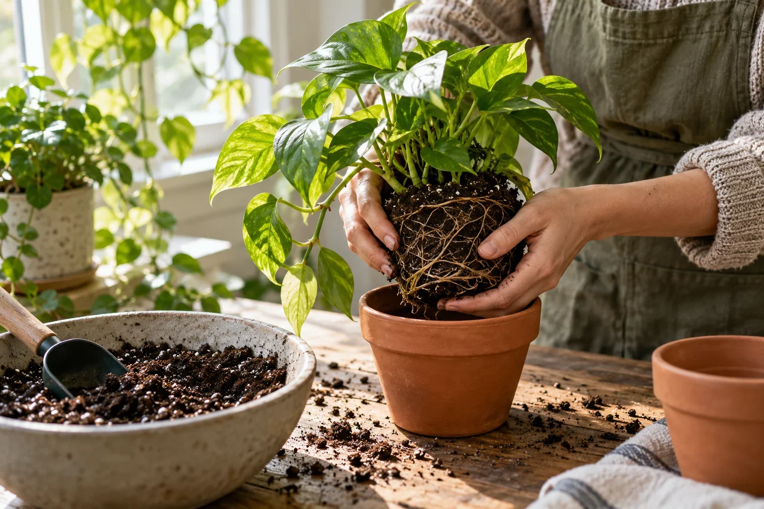 Transplantarea atentă a unei plante de interior într-un ghiveci puțin mai mare