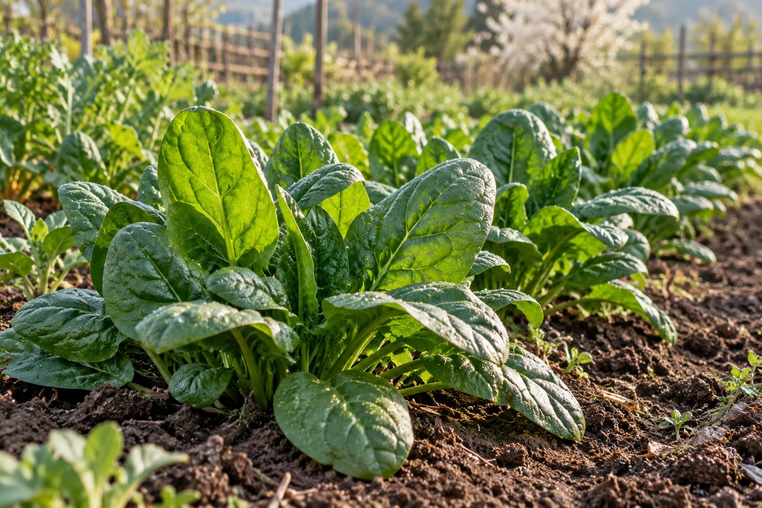 Frunze verzi de spanac într-un strat bine îngrijit