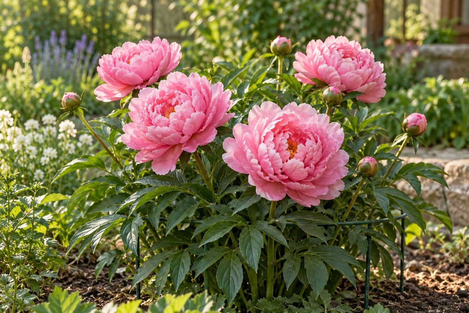 Bujori roz înfloriți într-o bordură de grădină