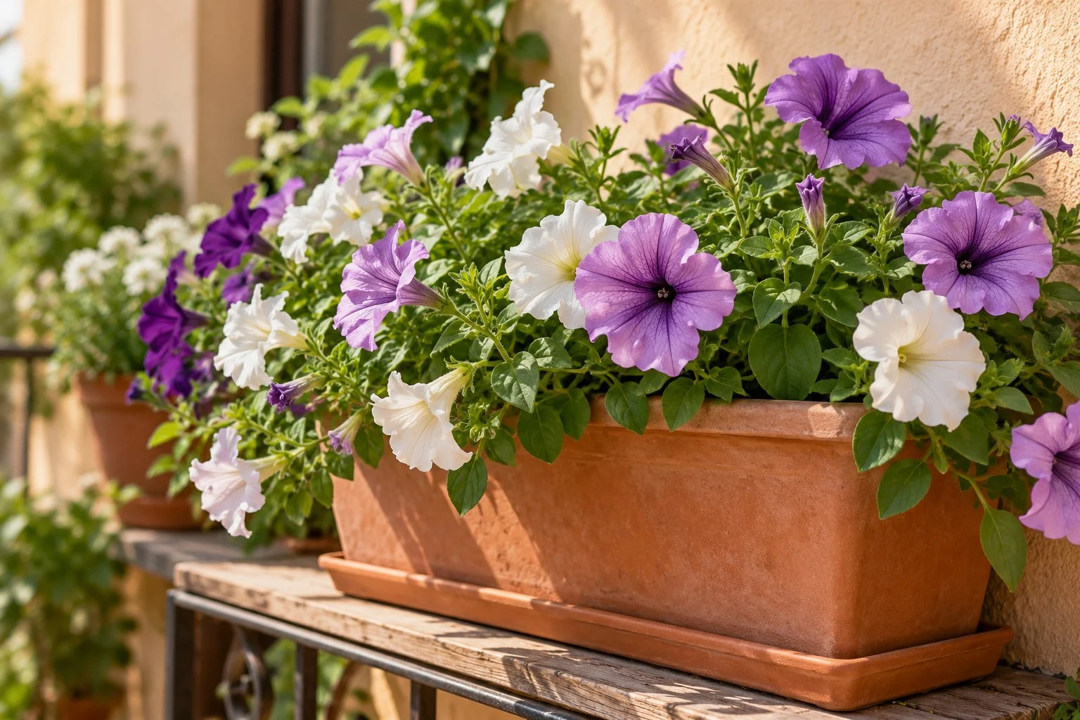 Petunii mov și albe înflorite într-o jardinieră de teracotă
