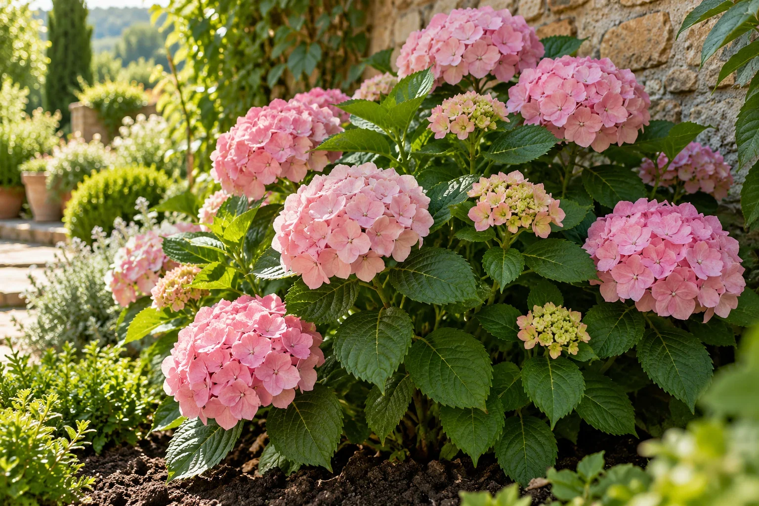 Hortensie cu flori roz și frunze verzi într-un colț luminos de grădină