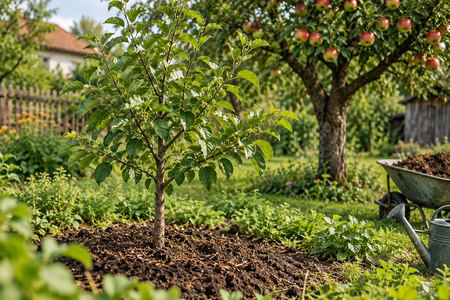 Măr tânăr într-o grădină rurală, cu un măr matur în fundal