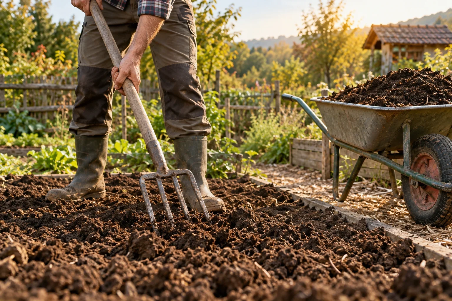 Pregătirea unui strat de grădină cu furca și compost matur