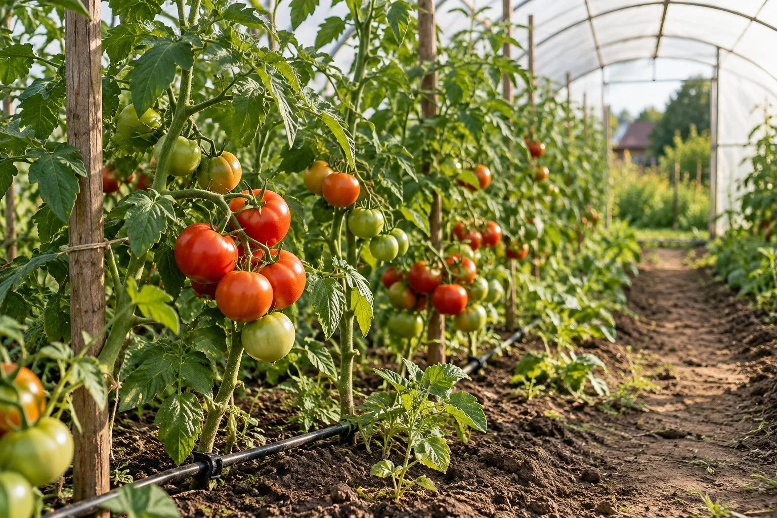 Rânduri de tomate cu fructe coapte într-un solar luminos