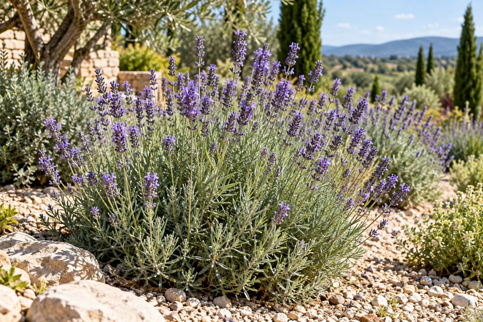 Lavandă cu flori violet într-un strat însorit, cu suprafață minerală