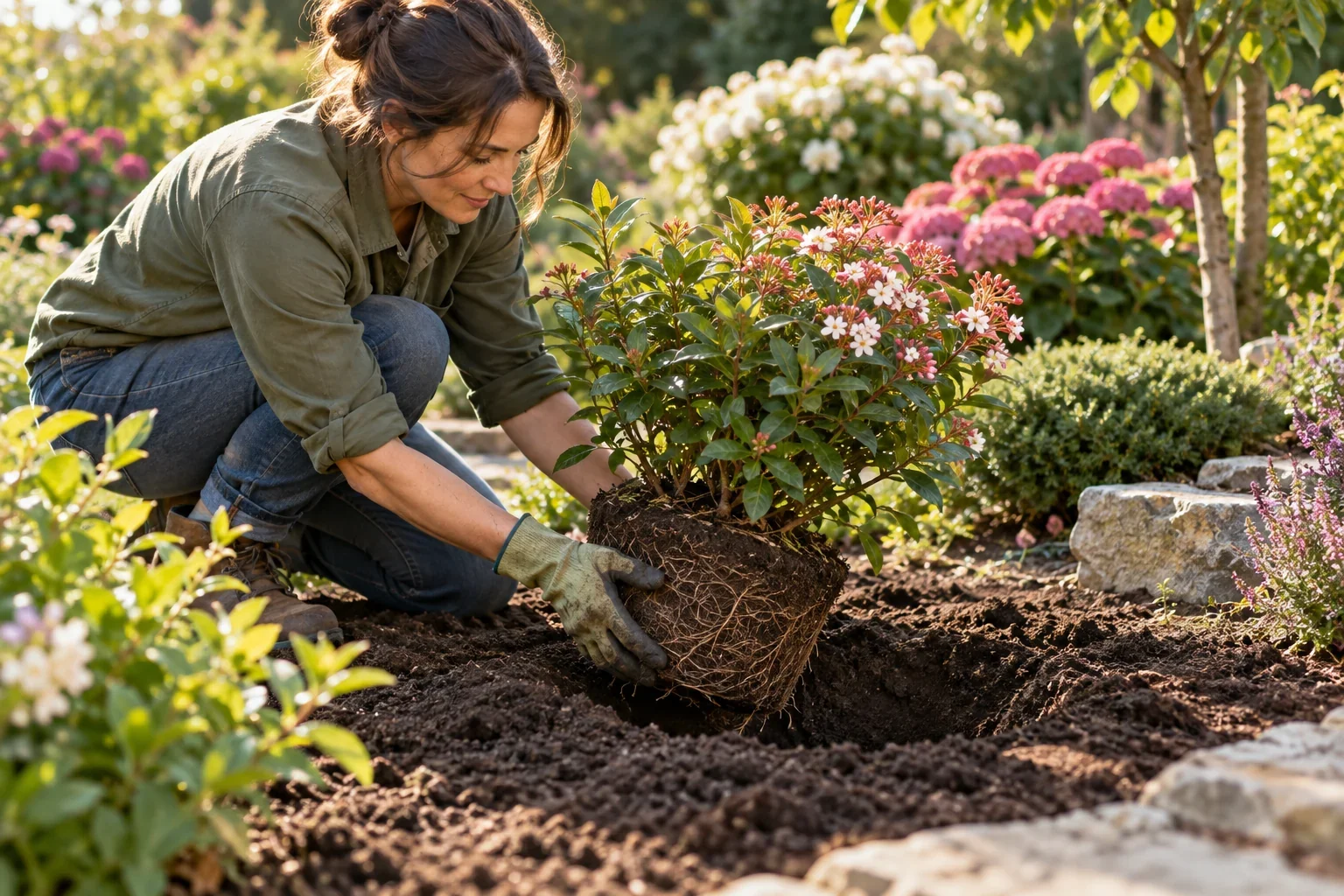 Plantarea unui arbust ornamental cu balot într-o groapă pregătită