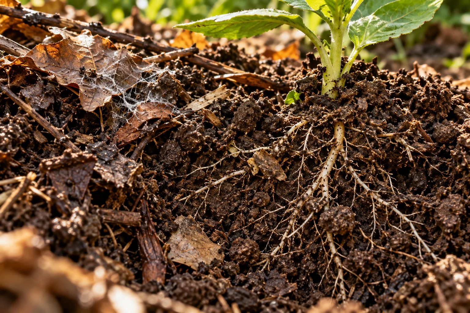 Detaliu de sol cu rădăcini fine și resturi vegetale în descompunere