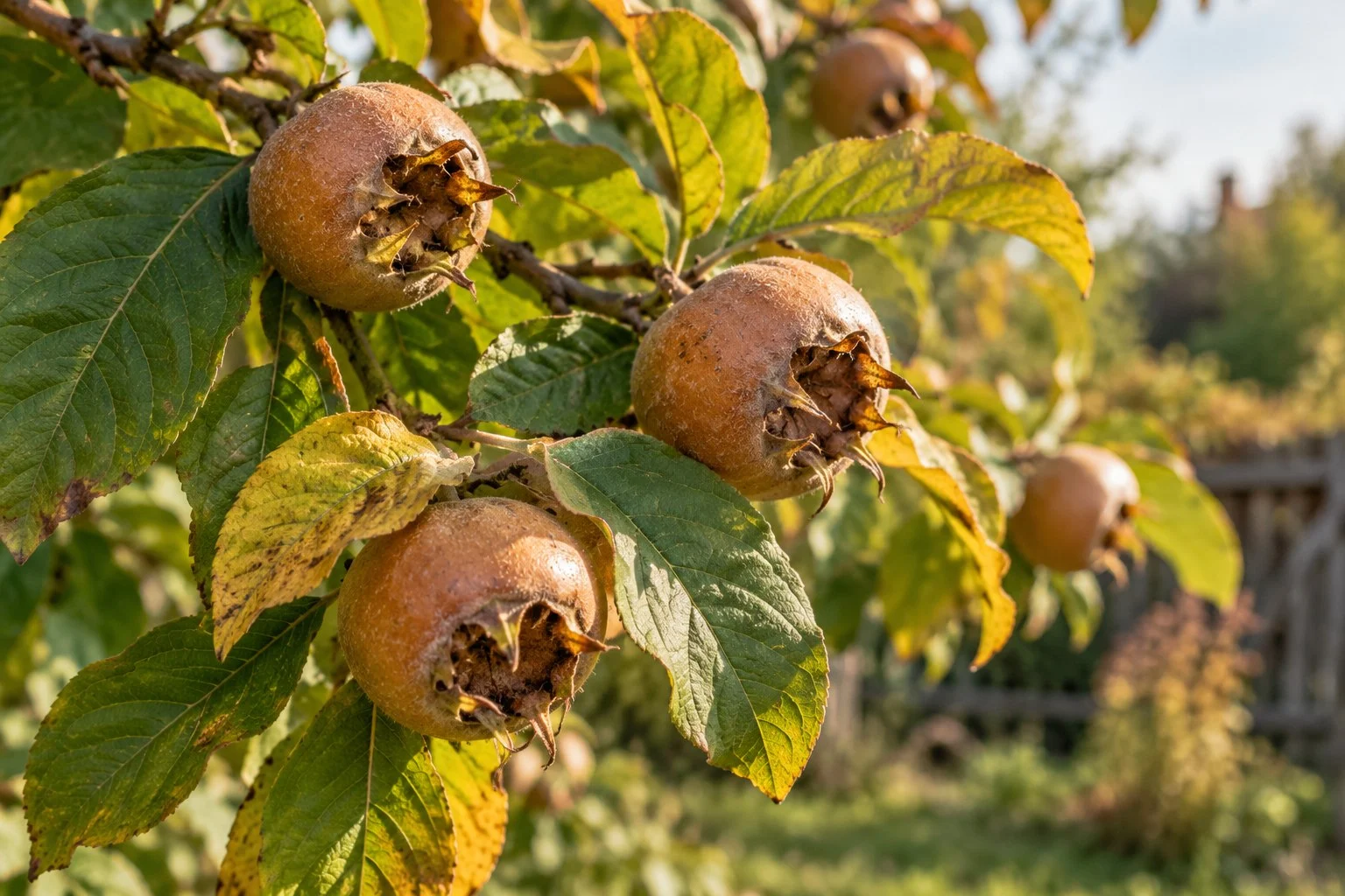 Fructe brune de moșmon cu caliciu deschis pe o ramură de toamnă
