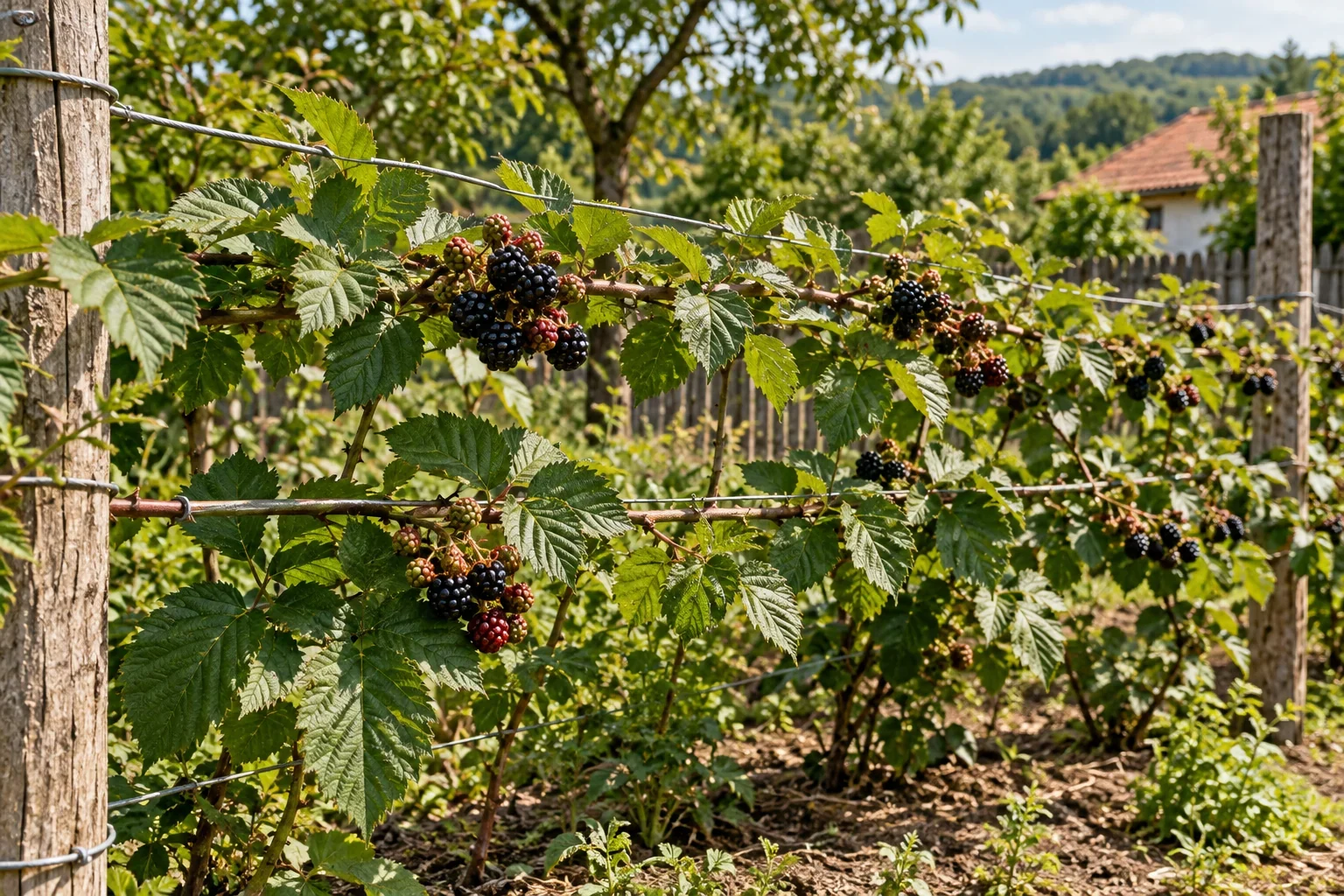 Tulpini de mur conduse pe un spalier, cu frunze și fructe negre