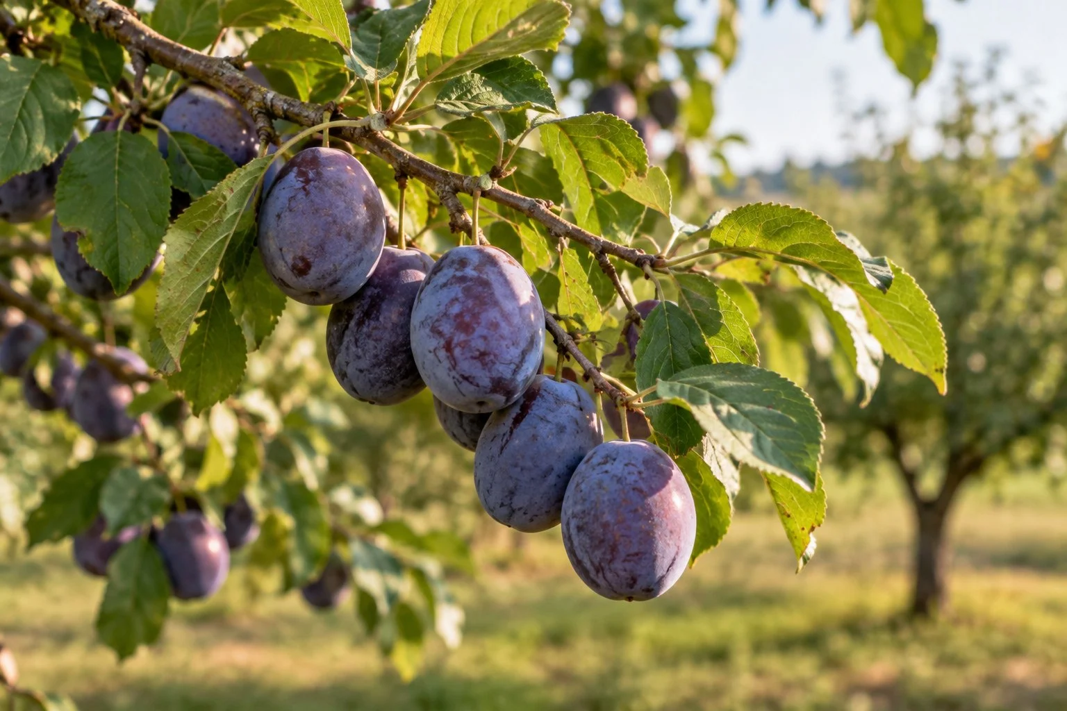 Prune albastre cu pruină naturală pe o ramură din livadă