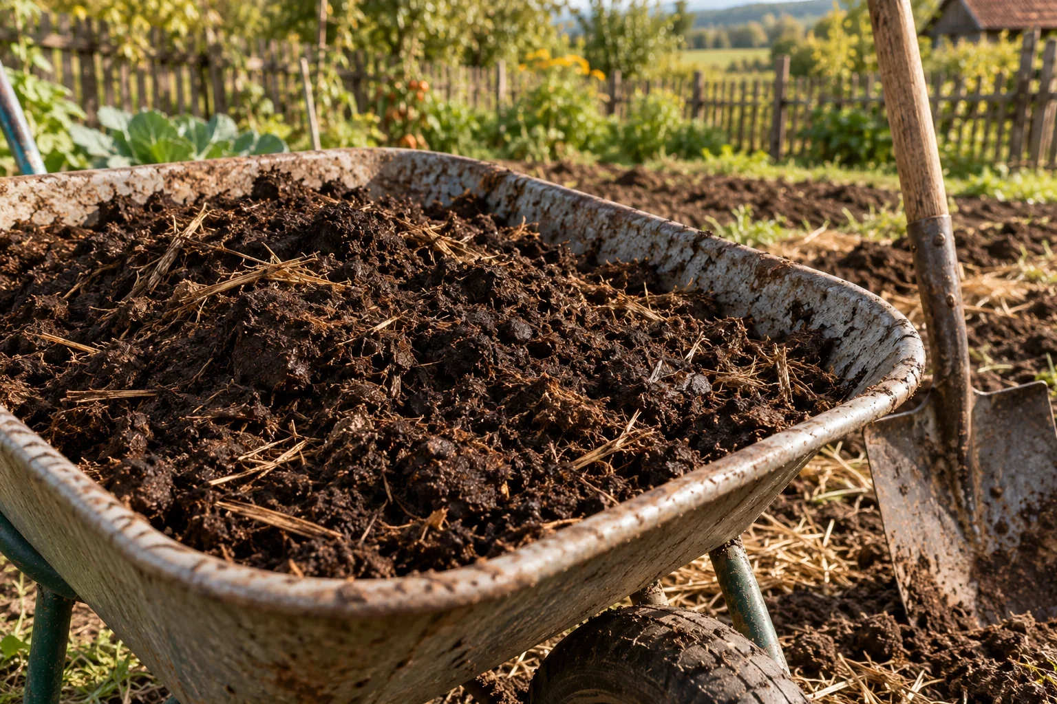 Material organic bine descompus într-o roabă, pregătit pentru grădină