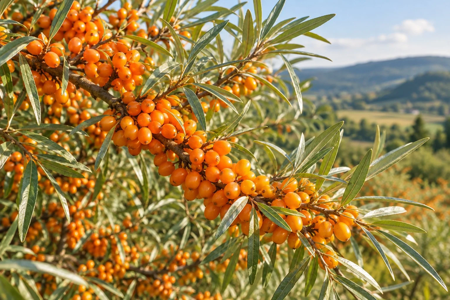 Fructe portocalii de cătină și frunze înguste argintii