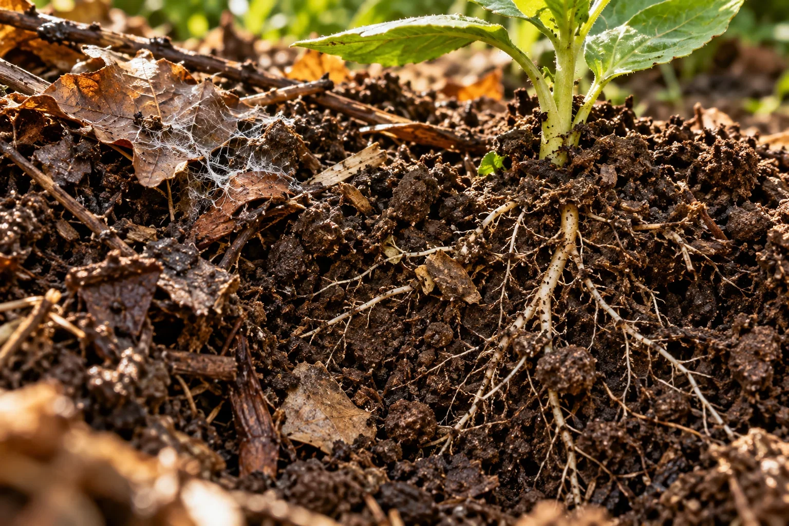 Detaliu de sol cu rădăcini fine și resturi vegetale în descompunere