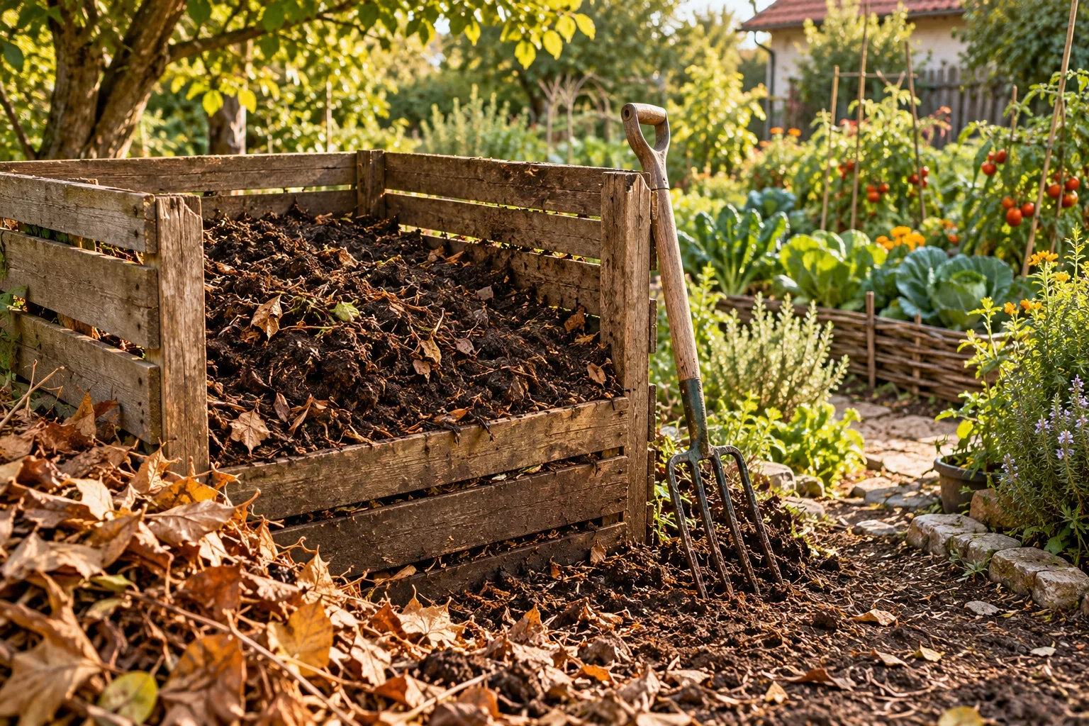 Compostieră de grădină cu material organic și compost închis la culoare