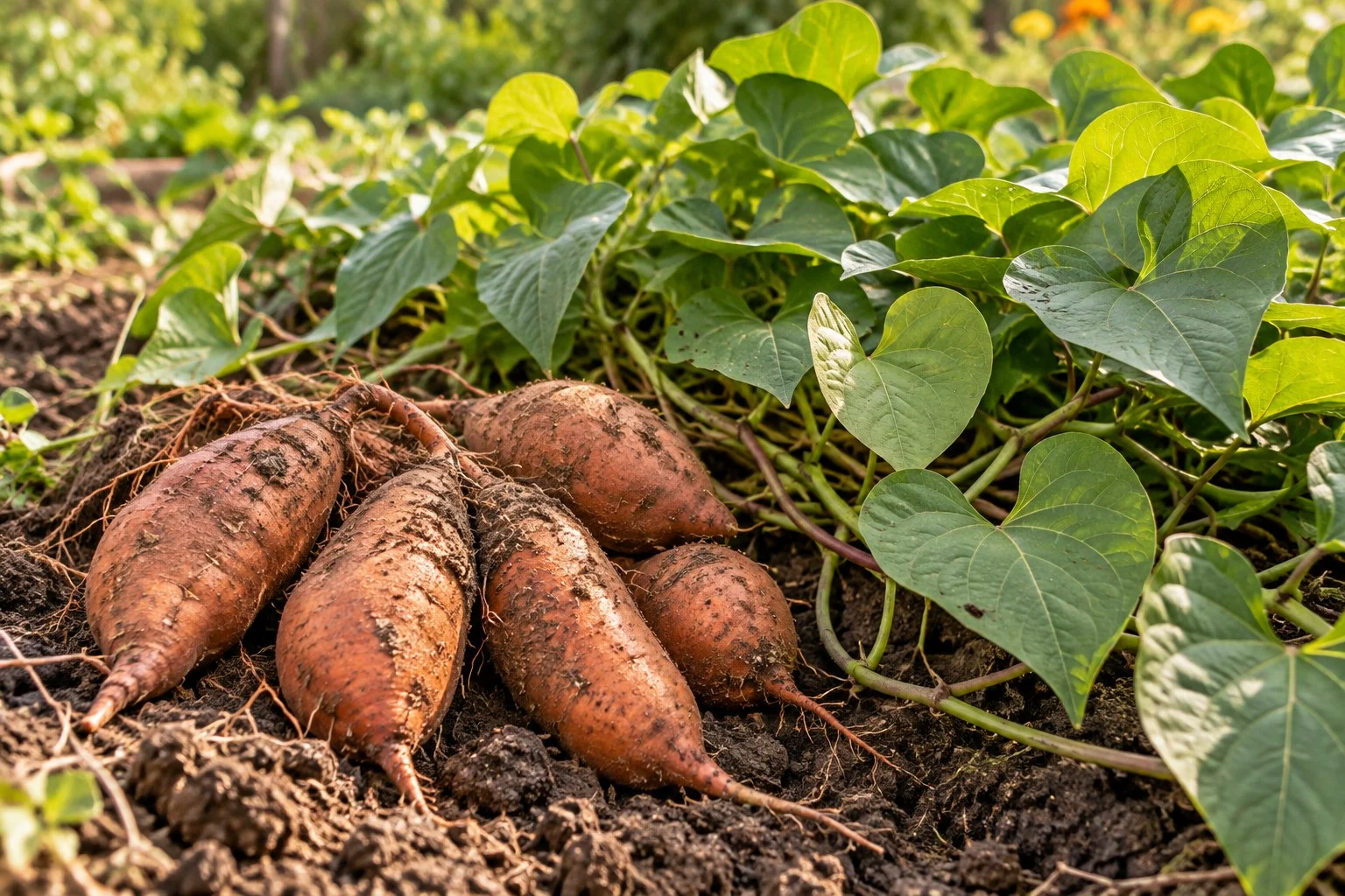 Rădăcini portocalii de cartof dulce proaspăt recoltate lângă lăstari verzi