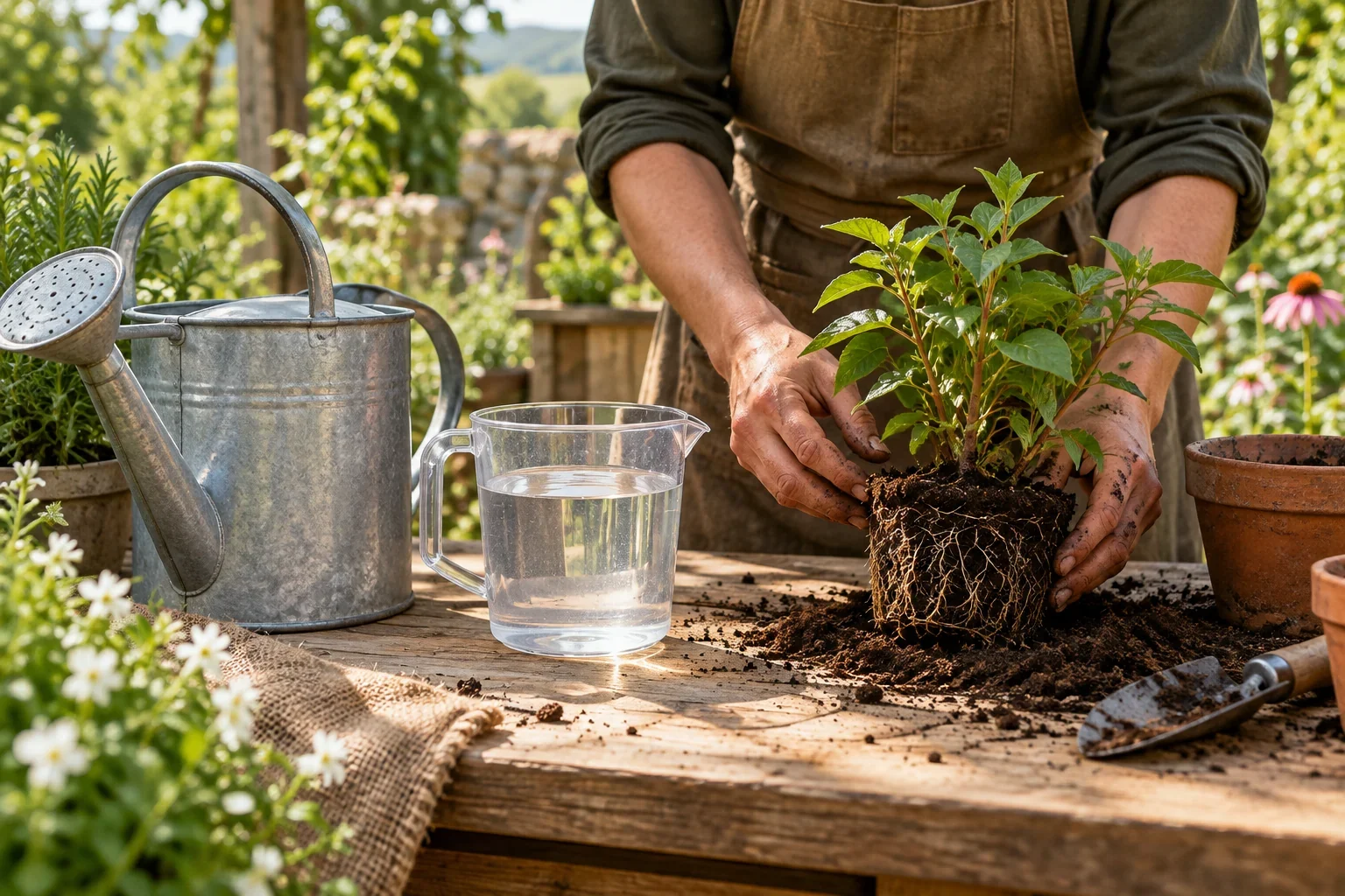 Pregătirea materialelor pentru îngrijirea rădăcinilor, lângă o plantă tânără